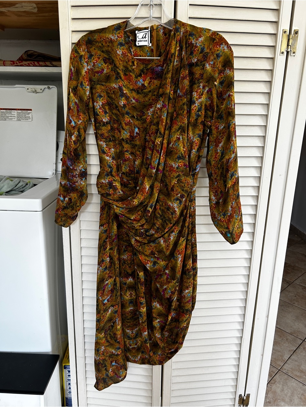 Anntian silk vintage floral long sleeve wrap drape asymmetric hem handmade Dress
